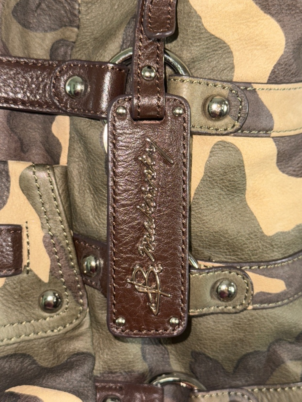 B Makowsky Brown Beige Camo Leather Purse Satchel Kimberly Large Shoulder Bag - Picture 2 of 10